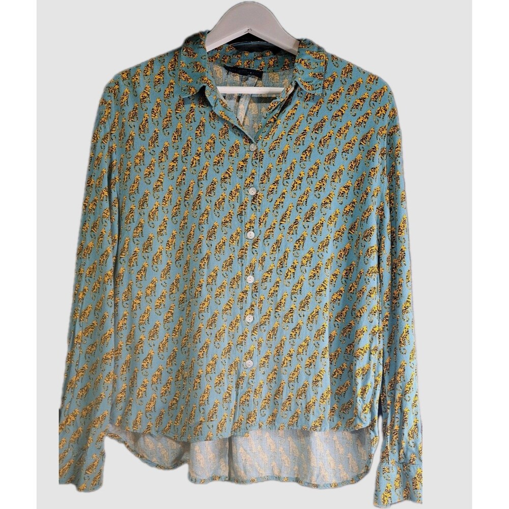 Jane + Delancey Women's Blue Yellow Leopard Print Collared Button-Up Shirt M